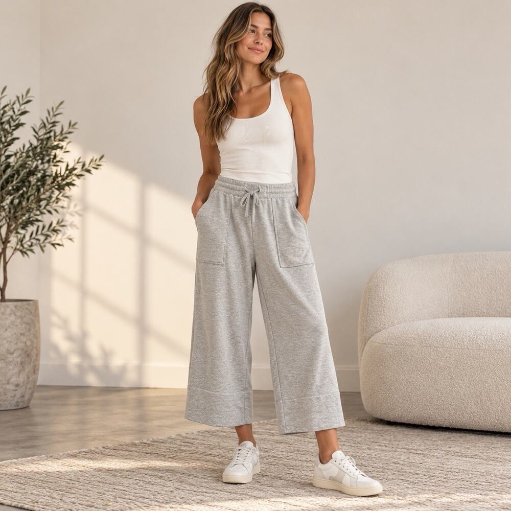Quince SuperSoft Fleece Cropped Wide Leg Pants Heather Grey Size L Modal